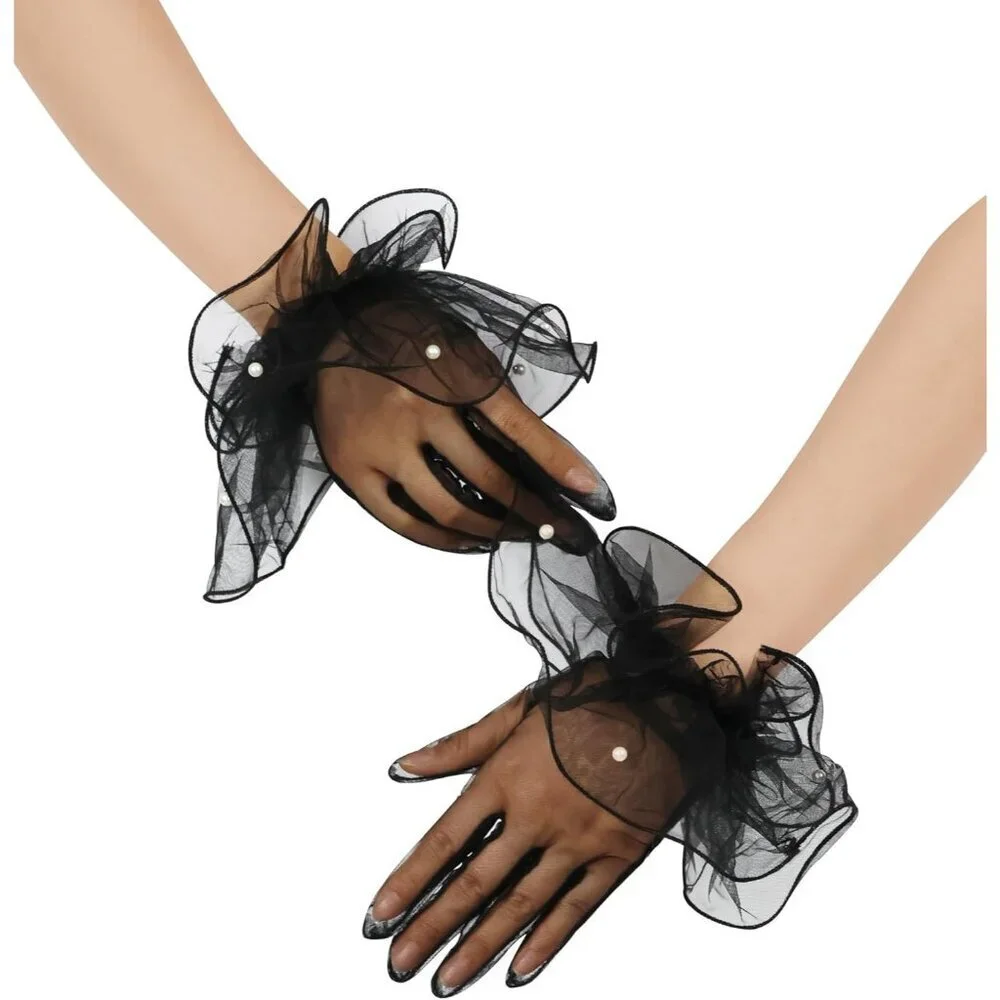 Women's Black Evening Tulle Mesh Short Gloves Formal Costume Wedding Party
